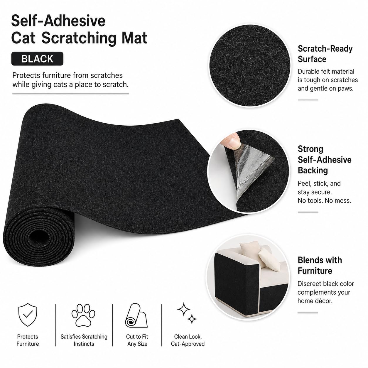Self-Adhesive Cat Scratching Mat for Furniture, Cuttable Cat Scratch Protector for Sofa Couch Chair Wall, Peel and Stick Cat Scratcher Pad, 11.85 x 39.3 Inch, Black