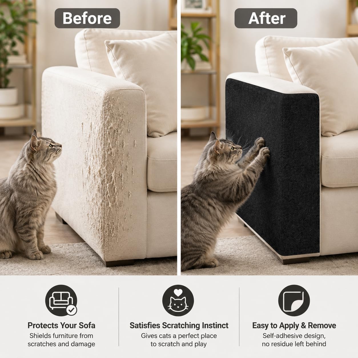 Self-Adhesive Cat Scratching Mat for Furniture, Cuttable Cat Scratch Protector for Sofa Couch Chair Wall, Peel and Stick Cat Scratcher Pad, 11.85 x 39.3 Inch, Black