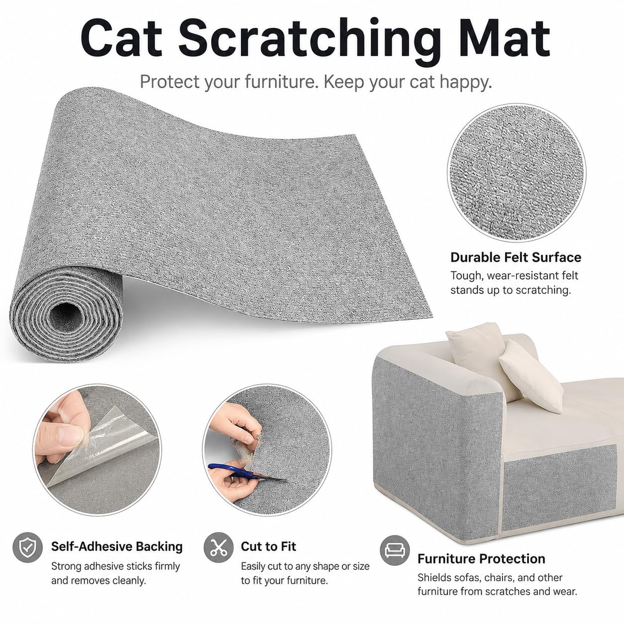 Self-Adhesive Cat Scratching Mat for Furniture, Cuttable Cat Scratch Protector for Sofa Couch Chair Wall, Peel and Stick Cat Scratcher Pad, 11.85 x 39.3 Inch, Light Gray