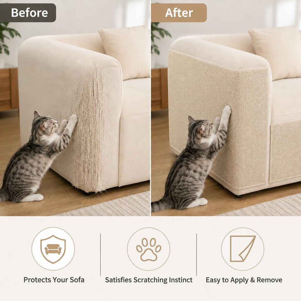 Self-Adhesive Cat Scratching Mat for Furniture, Cuttable Cat Scratch Protector for Sofa Couch Chair Wall, Peel and Stick Cat Scratcher Pad, 11.85 x 39.3 Inch, Khaki