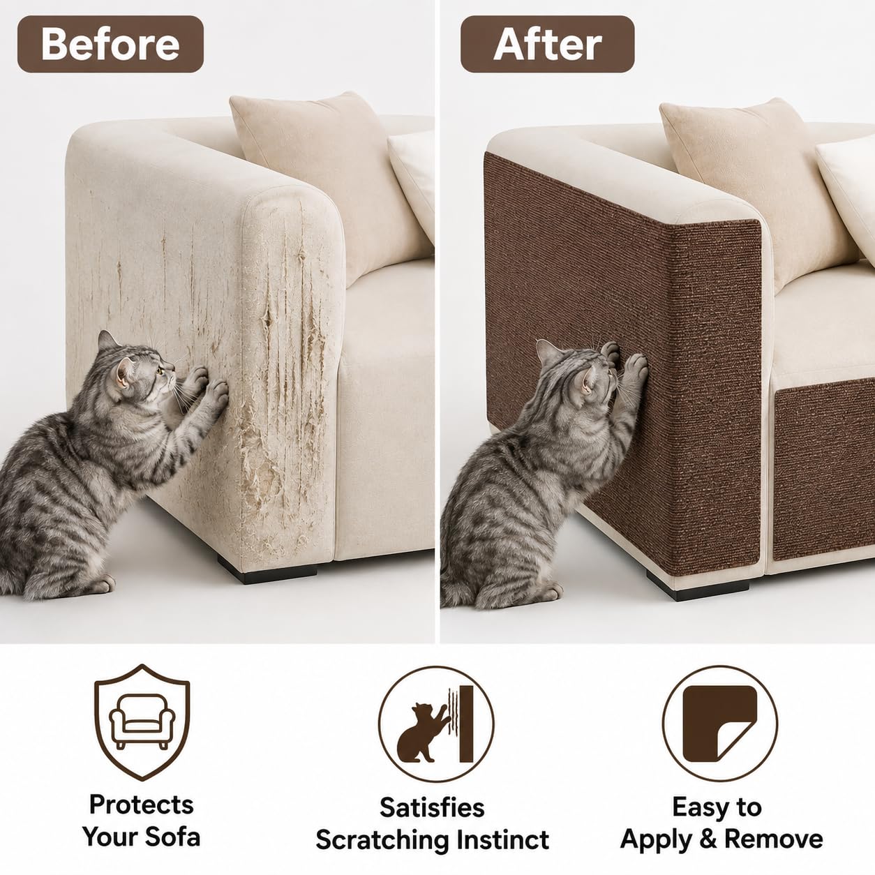 Self-Adhesive Cat Scratching Mat for Furniture, Cuttable Cat Scratch Protector for Sofa Couch Chair Wall, Peel and Stick Cat Scratcher Pad, 11.85 x 39.3 Inch, Brown