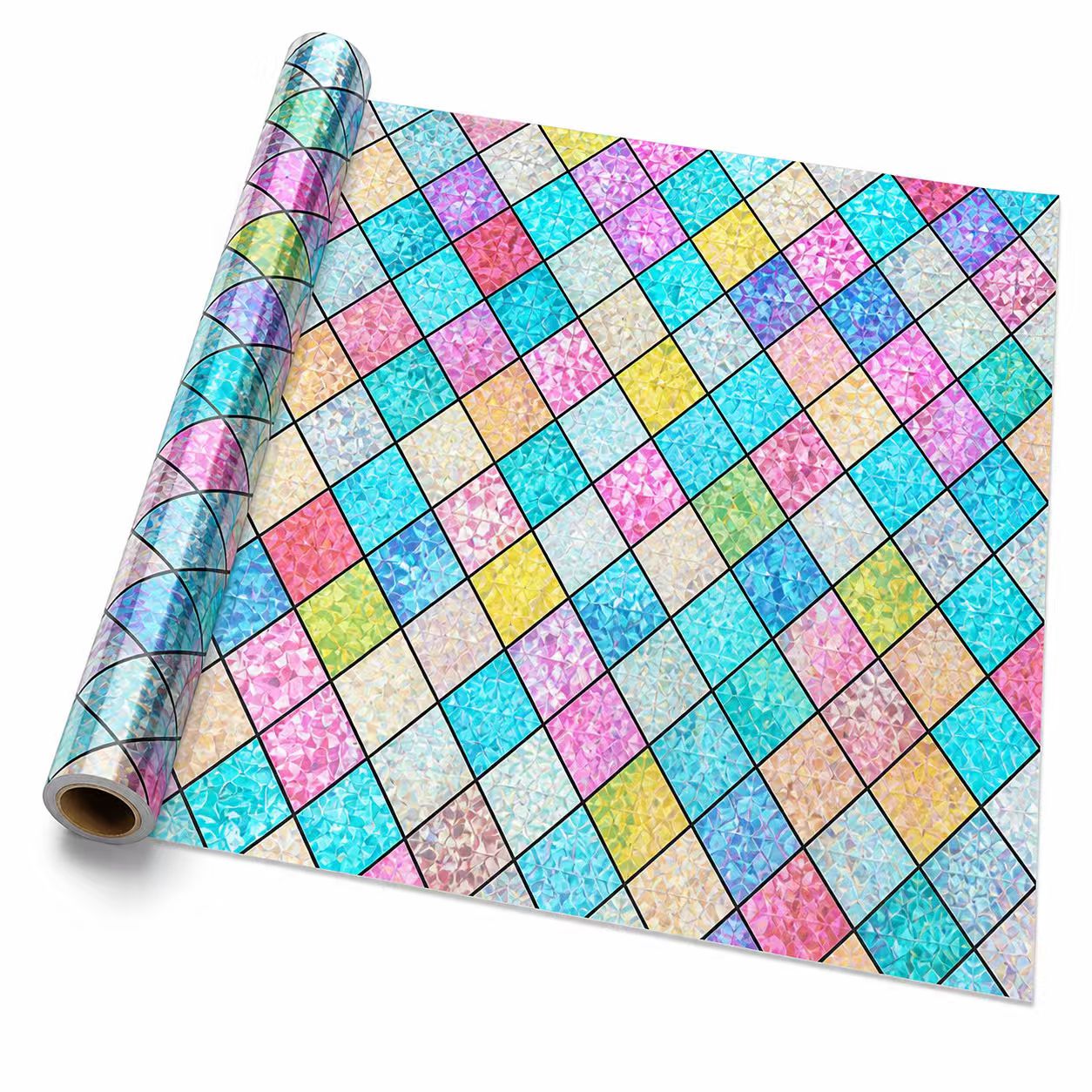 Rainbow Stained Glass Window Film, Colorful Diamond Privacy Window Cling, Non-Adhesive Reusable Static Cling for Bathroom, Bedroom, Living Room and Glass Doors, 23.6 x 118 Inches