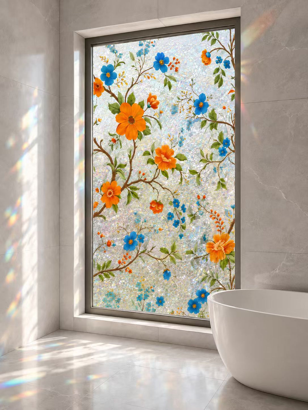 Floral Window Privacy Film, Stained Glass Rainbow Static Cling Covering, Non-Adhesive Reusable Décor for Bathroom and Doors, 23.6 x 118 Inches