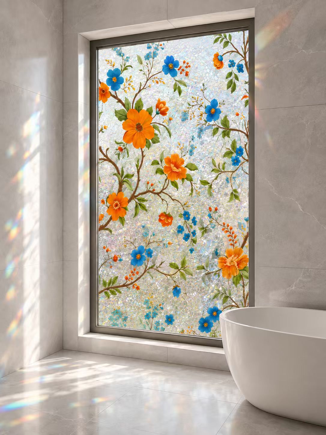 Floral Window Privacy Film, Stained Glass Rainbow Static Cling Covering, Non-Adhesive Reusable Décor for Bathroom and Doors, 23.6 x 118 Inches
