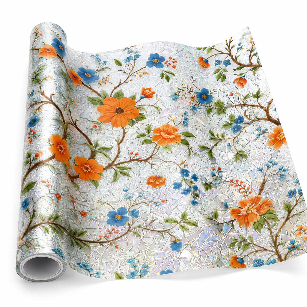 Floral Window Privacy Film, Stained Glass Rainbow Static Cling Covering, Non-Adhesive Reusable Décor for Bathroom and Doors, 23.6 x 118 Inches