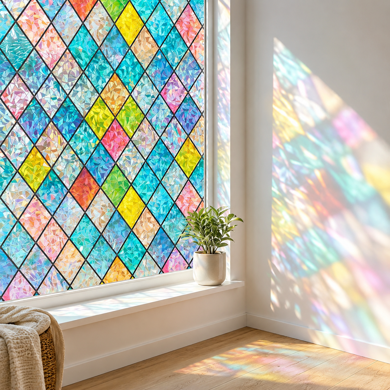 Rainbow Stained Glass Window Film, Colorful Diamond Privacy Window Cling, Non-Adhesive Reusable Static Cling for Bathroom, Bedroom, Living Room and Glass Doors, 23.6 x 118 Inches
